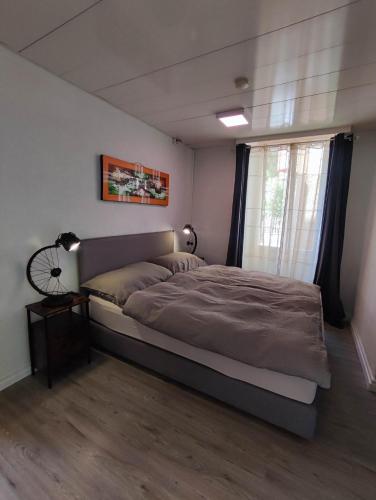 a bedroom with a large bed and a window at Loc Aquatropic appartement de vacances in Bevaix