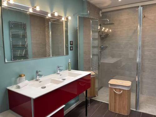 a bathroom with a red sink and a shower at Crème Horizon - Villa by PRIM0 CONCIERGERIE in Châtel-Guyon