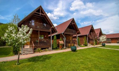une grande maison en bois avec une cour verdoyante dans l'établissement Irgó kulcsosházak, à Izvoare