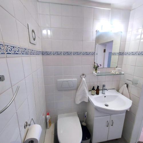 a white bathroom with a toilet and a sink at Seaside haven in Simonʼs Town