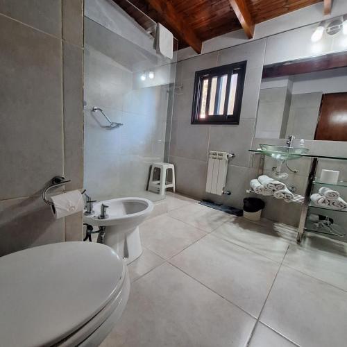 a bathroom with a toilet and a sink at Hostal La Merced in Villa General Belgrano