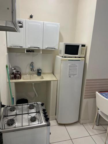 a small kitchen with a stove and a microwave at Albuquerque nro36 casa 5 in Campinas