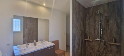 un baño con lavabo y ducha en Villa Monplaisir, en Montolieu