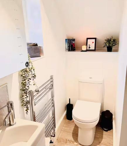 a white bathroom with a toilet and a sink at Cozy Private Access Room in Great Bookham