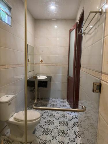 a bathroom with a toilet and a shower and a sink at Tina Bungalow in Phú Quốc