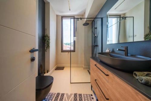 a bathroom with a black sink and a mirror at Continental Apartment Unirii in Cluj-Napoca