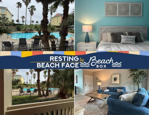 a collage of pictures of a bedroom and a beach face box at Modern condo right across from beach and pool in Galveston