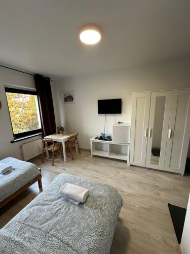 a living room with a bed and a tv at Willa BROWAR pokoje gościnne w centrum miasta na starówce, Self check in 24H, FV, TV Smart, Darmowe Wi-Fi, Parking, W sąsiedztwie restauracji i kawiarni, Usługi escort zakazane in Starogard Gdański