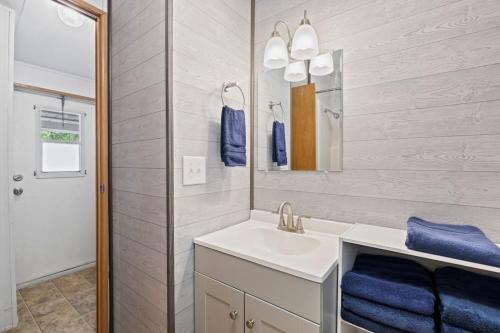 a bathroom with a sink and a mirror at Tucked Away - Magical Location on the River, Hiking, and Rafting in Dillsboro