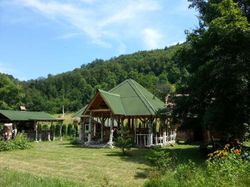 a house in a field with a mountain in the background at Staparski Sorrento in Užice