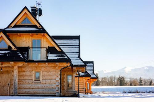 a log house in the snow with mountains in the background at Jagodowa Osada - domki z balią jacuzzi blisko term in Dzianisz