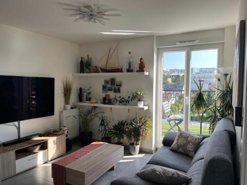 ein Wohnzimmer mit Sofa und Fernseher in der Unterkunft 35m2 neuf, plein sud, dernier etage avec terrasse in Noisy-le-Grand