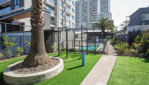a palm tree in a park with a playground at Depto moderno en Nuñoa cerca Metro y Barrio Italia in Santiago