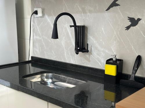 eine Spüle in einer Küche mit Fledermäusen an der Wand in der Unterkunft Boqueirão: 50m do mar e perto de tudo! in Praia Grande