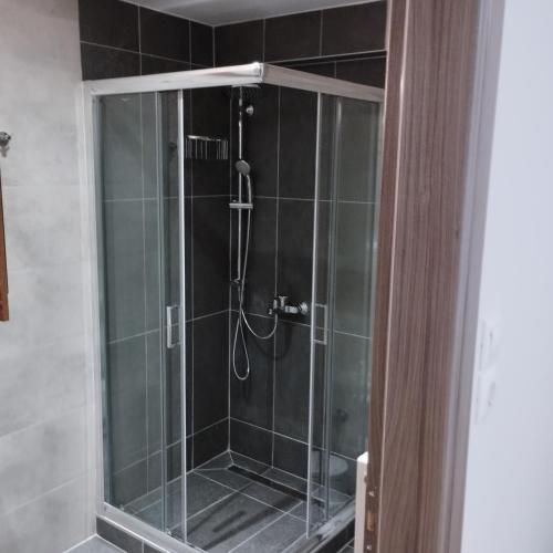 a shower with a glass door in a bathroom at Quiet Place in Ioannina