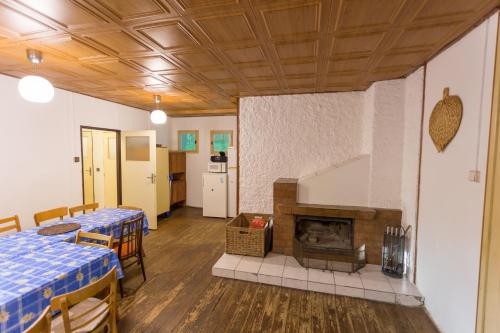 a living room with two tables and a fireplace at Cyklochata in Vranov nad Dyjí