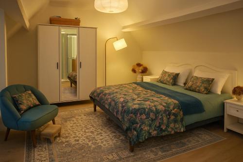 a bedroom with a bed and a chair and a mirror at Les oiseaux de passage - chambre d hôtes, paisible in Gaillon
