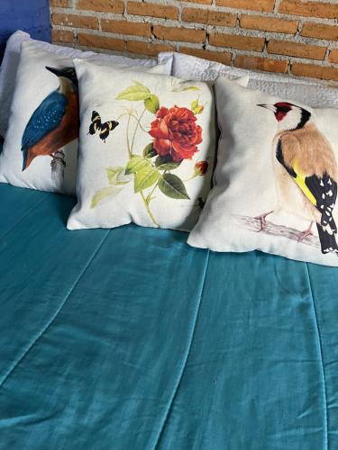 two pillows with birds on them on a bed at Cabana da Mata in Cornélio Procópio