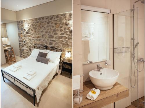a bathroom with a bed and a shower and a sink at Filoxenion in Nafplio