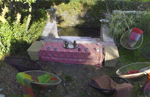 a table with two cats sitting on top of it at Cottage Mackinley, domaine entier, séjour nature et détente automnale, 15 pers, Centre Historique, gare TER in Aubigny-sur-Nère