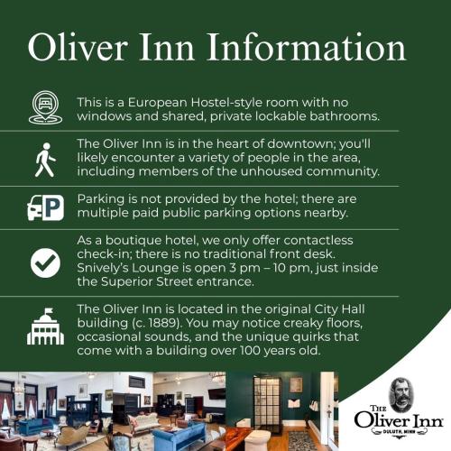 a flyer for the oliver inn information at Swedetown European Style Hostel by Heirloom Boutique Collection in Duluth