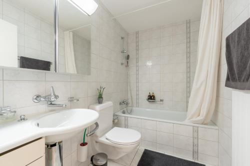 a bathroom with a sink and a toilet and a tub at Swiss Suites Oberrohrdorf in Rohrdorf