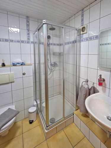 a bathroom with a shower and a sink at Privatzimmer Lindlar in Lindlar