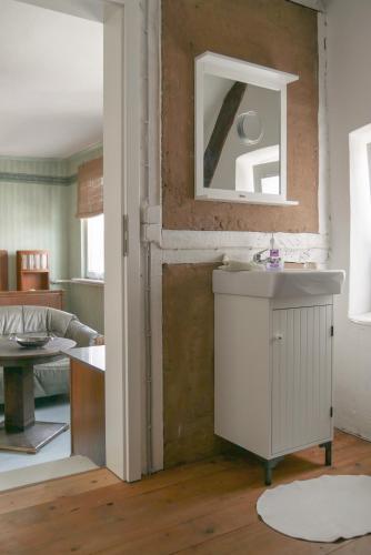 a kitchen with a sink and a mirror on a wall at Landhof Liebsch, mit Pool und Sauna in Jerichow