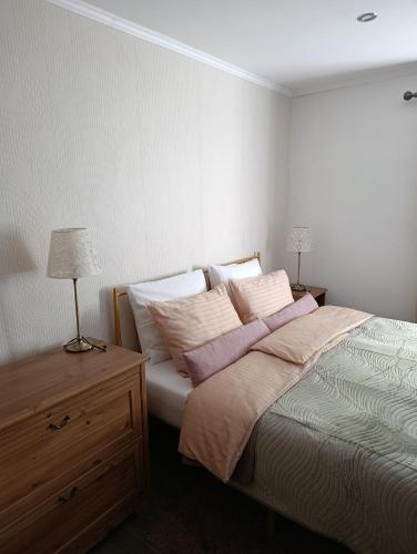 a bedroom with a bed with pillows and a night stand at Ubytovanie Pod lesom in Ľubica