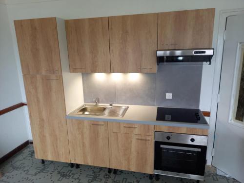 een keuken met houten kasten, een wastafel en een fornuis bij Les mirabelliers 