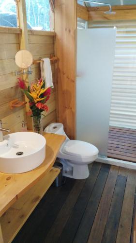 a bathroom with a white toilet and a sink at Lirio Lodge in Barra de Pacuare