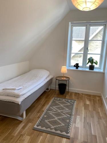 a bedroom with a bed and a window and a rug at F27-1 3 people, 3 bedrooms, fully furnished in Aalborg