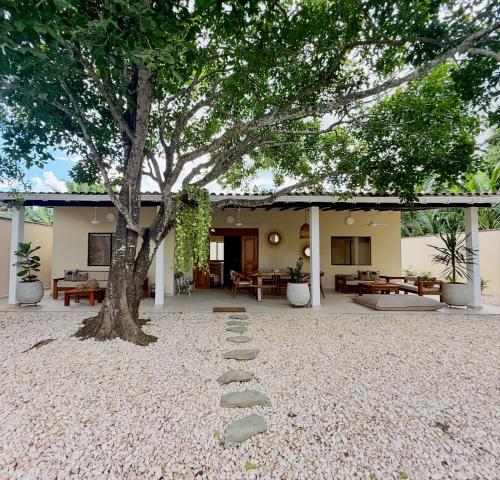 a tree and stepping stones in front of a house at La Palma family cabin in San Antero