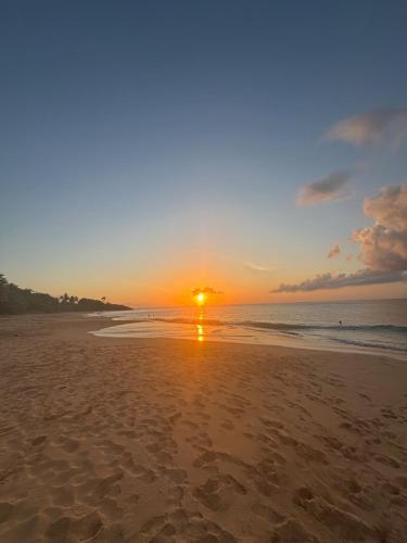 a sunset on a sandy beach with the ocean at Coco-orchidées Le Domaine Mannou in Sainte-Rose