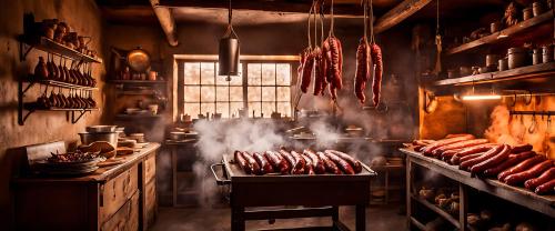 a kitchen with a bunch of sausages hanging from the ceiling at Ferryboat Inn in Pangbourne