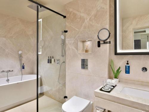ジョードプルにあるNovotel Jodhpur ITI Circleのシャワー、トイレ、洗面台を備えたバスルーム