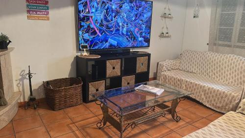 a living room with a couch and a tv at Refúgio das Alfazemas in Vila Nova de Milfontes