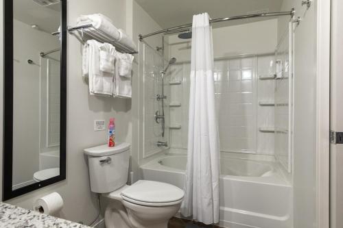a white bathroom with a toilet and a shower at Luxury Apt In The Heart Of The Theater District in Cleveland