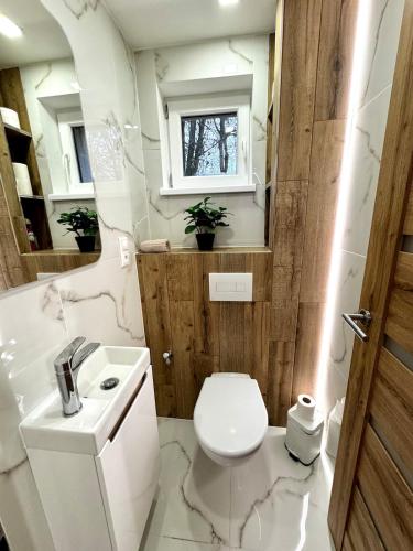 a white bathroom with a toilet and a sink at Chata554 Domaša Valkov in Bžany