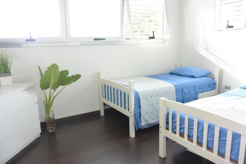 a bedroom with two beds and two windows at Zen Retreat City Center Near Train in San Juan