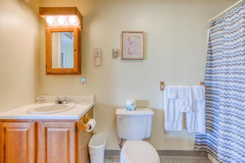 a bathroom with a toilet and a sink and a mirror at Misty Harbor Resort - Unit 103 in Dockham Shore