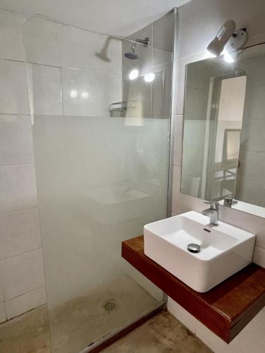 a bathroom with a white sink and a mirror at cuatro lunas hotel in Punta Del Diablo