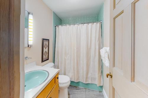 a bathroom with a sink toilet and a shower curtain at Morris Villa Upper in Lake Junaluska