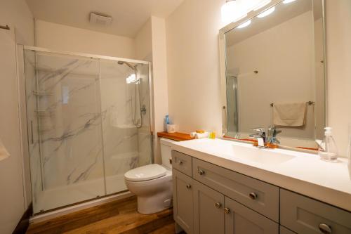 a bathroom with a shower and a toilet and a sink at River Safari Eagles Nest in Blue River
