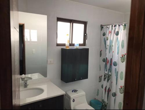 a bathroom with a sink and a shower curtain at Casa vista Lago Rapel in Las Cabras