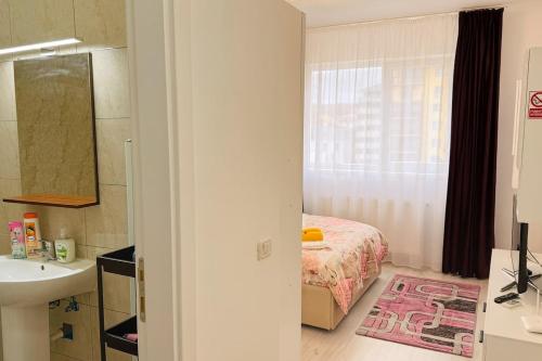 Un dormitorio con una cama, un lavabo y un espejo. en Ho-Jack Dream Studio, en Roşu