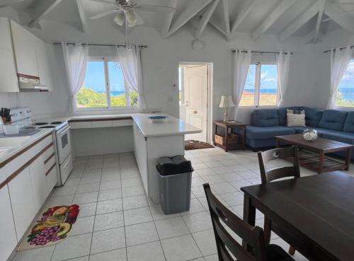 Una cocina y una sala de estar con un sofá y una mesa. en Green Cay - Walk to the Beach - King Bed - AC, en Christiansted