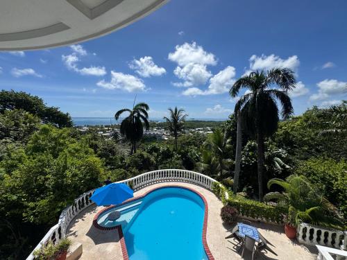 a swimming pool with a view of the ocean and palm trees at APARTAMENTOS TT9 in San Andrés
