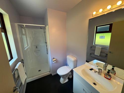 a bathroom with a toilet and a sink and a shower at 4 St James Avenue in Hanmer Springs