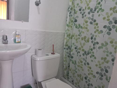 a bathroom with a toilet and a shower curtain at AMAZONIKA Casa de Huespedes in Inírida